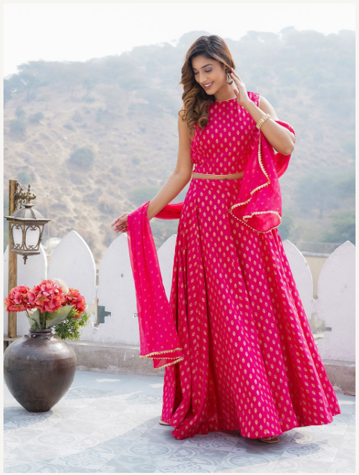 Women's Pink Viscose Rayon Lehenga Set