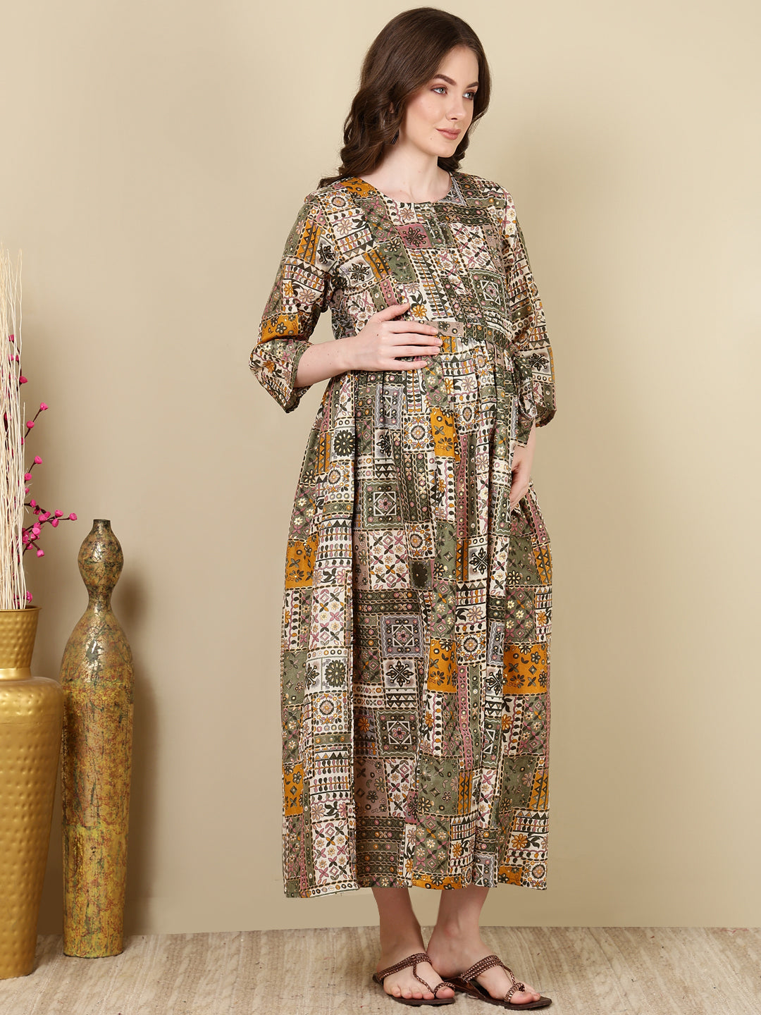 Women's Multi Printed Flared Maternity Dress - Taantav