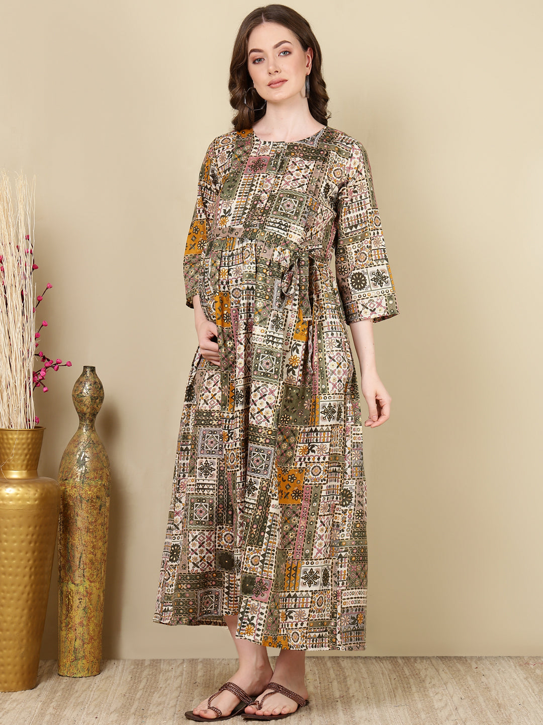 Women's Multi Printed Flared Maternity Dress - Taantav