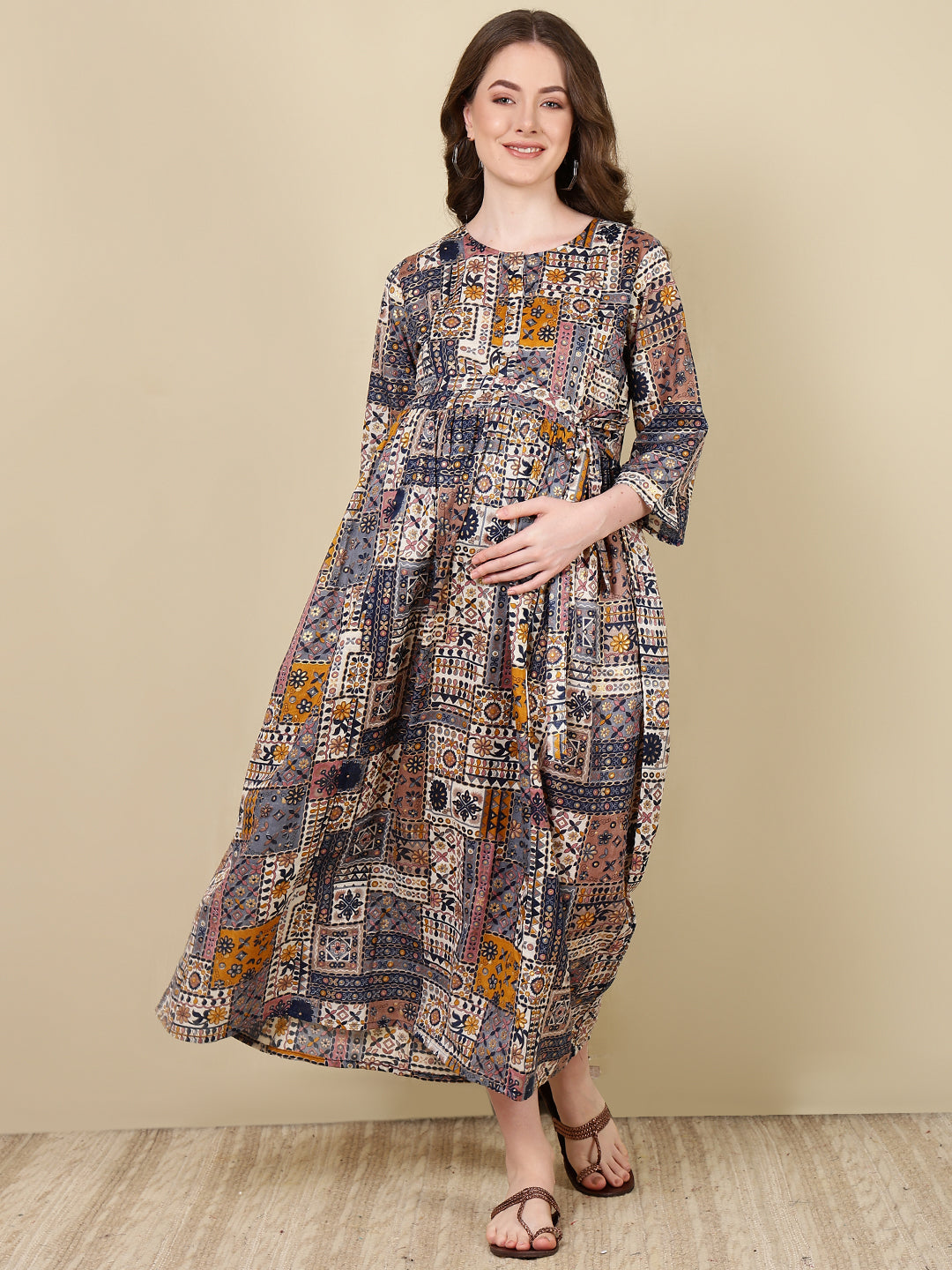 Women's Multi Printed Flared Maternity Dress - Taantav