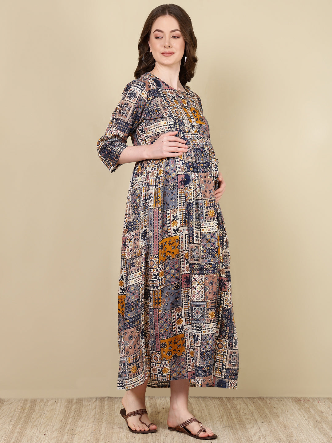 Women's Multi Printed Flared Maternity Dress - Taantav