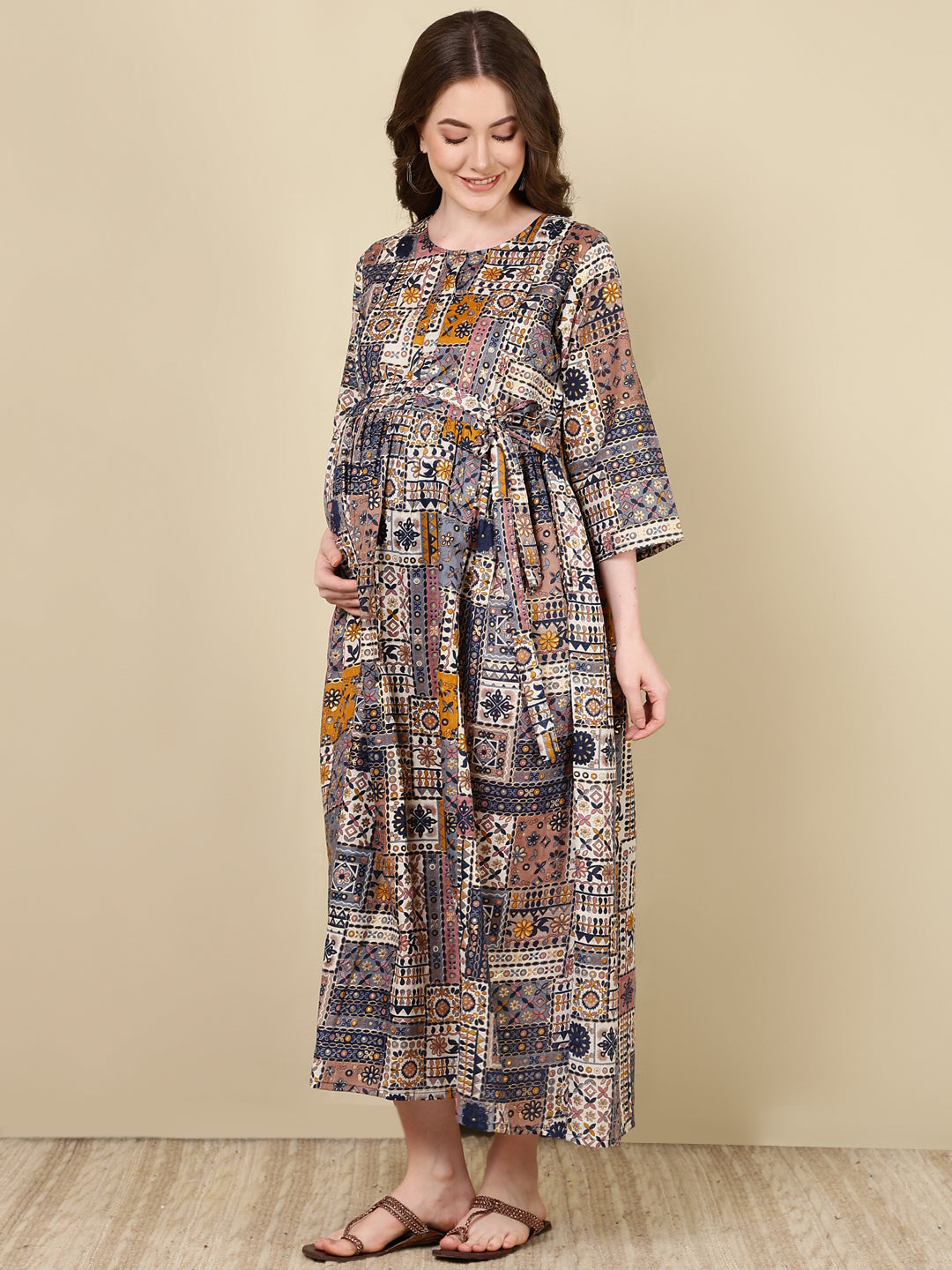 Women's Multi Printed Flared Maternity Dress - Taantav