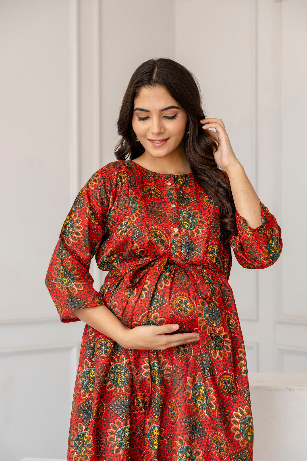 Women's Maroon Printed Flared Maternity Dress - Taantav