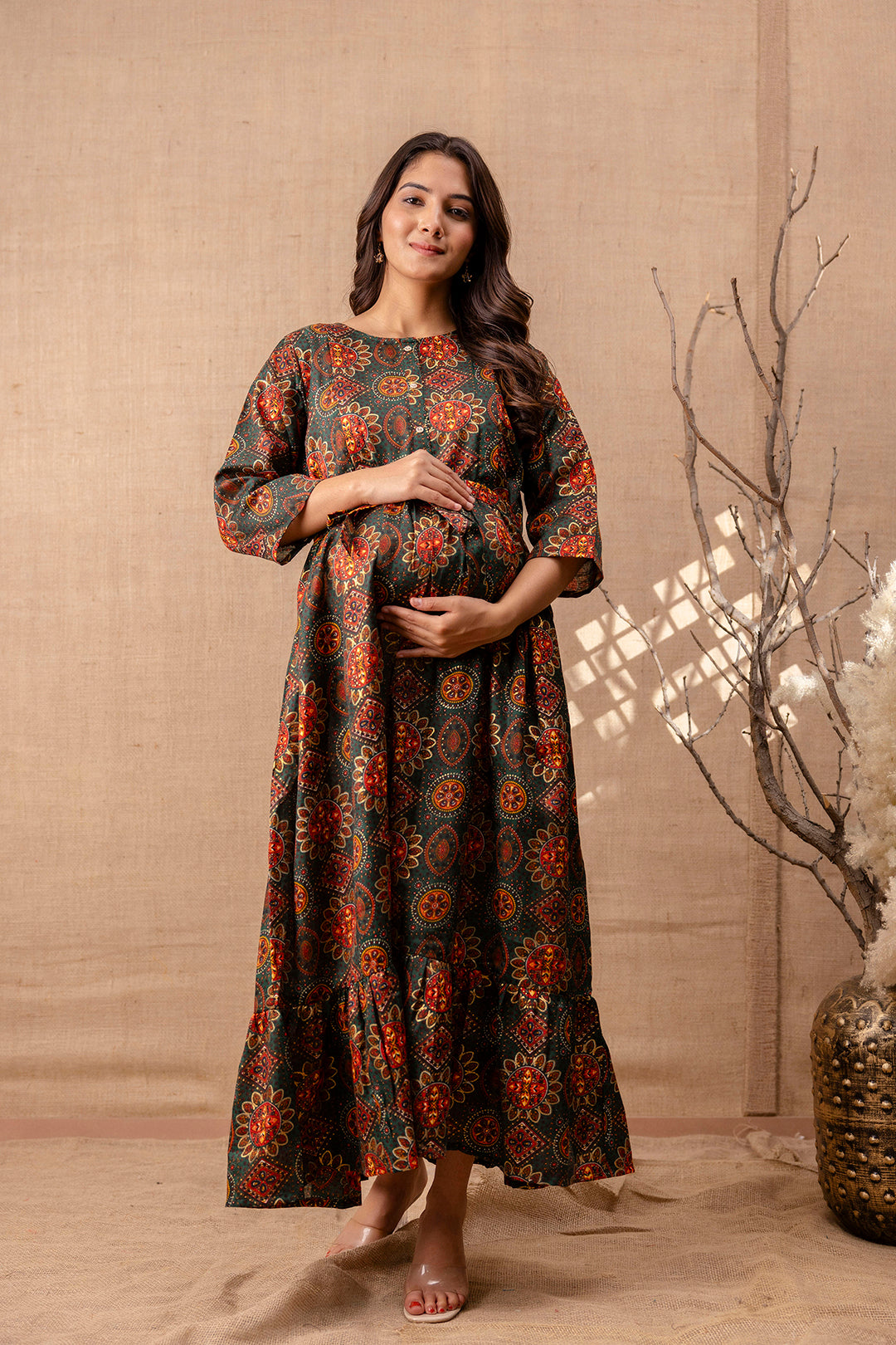 Women's Green Printed Flared Maternity Dress - Taantav