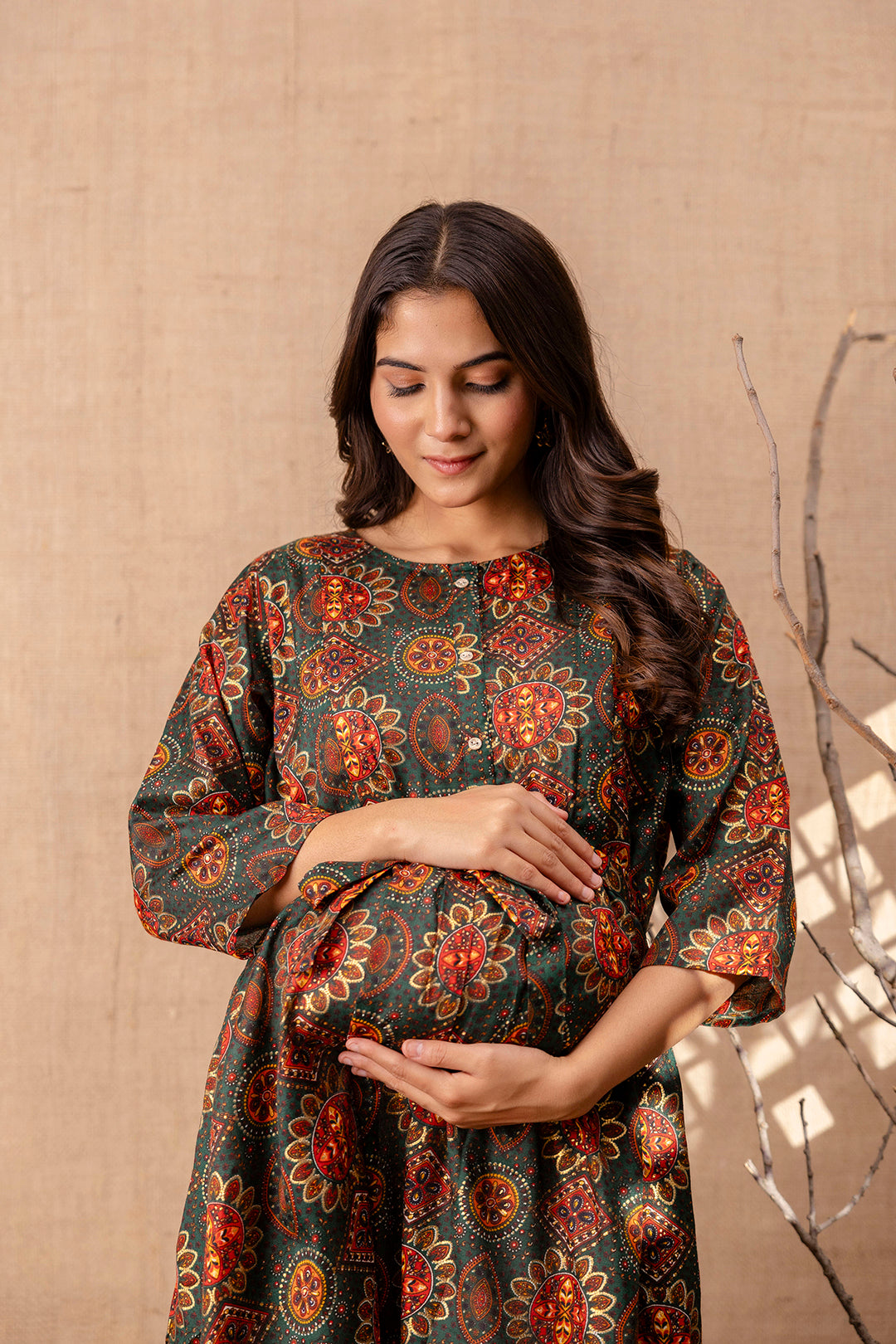 Women's Green Printed Flared Maternity Dress - Taantav