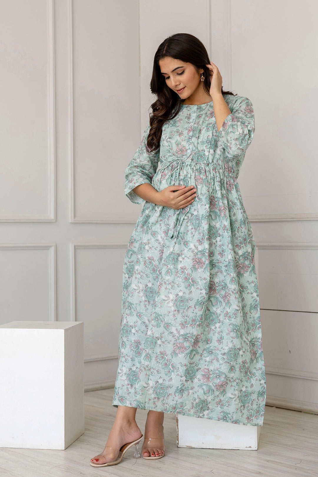 Women's Green Printed Flared Maternity Dress - Taantav