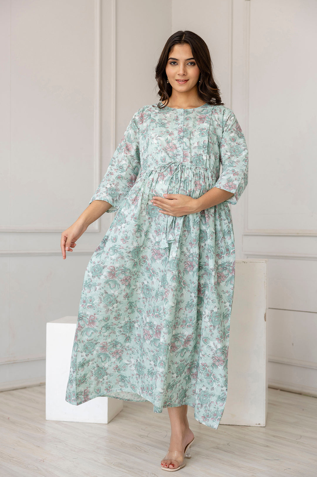 Women's Green Printed Flared Maternity Dress - Taantav