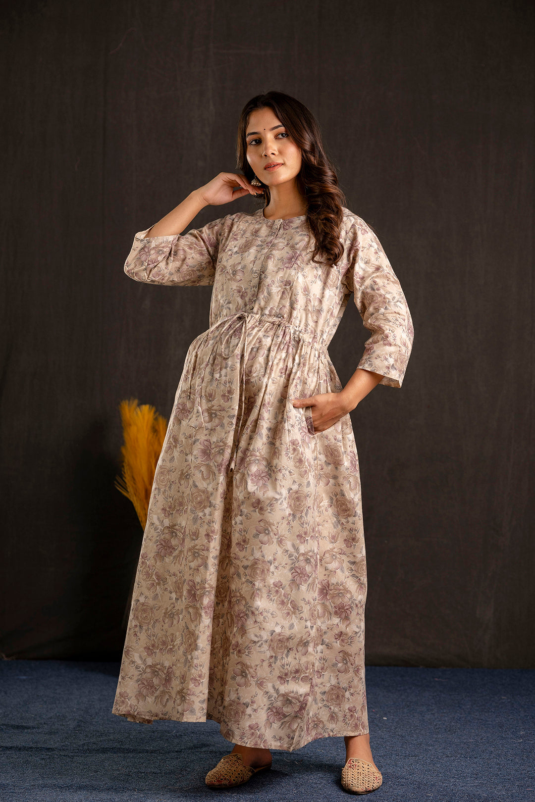 Women's Beige Printed Flared Maternity Dress - Taantav