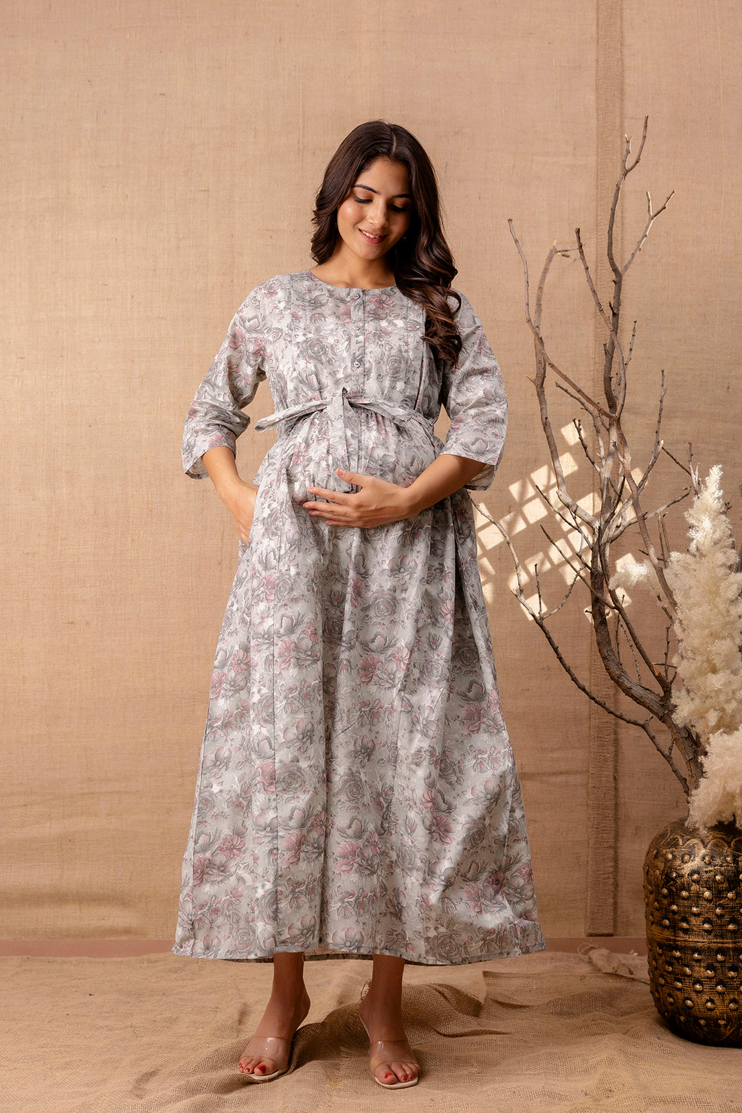 Women's Grey Printed Flared Maternity Dress - Taantav