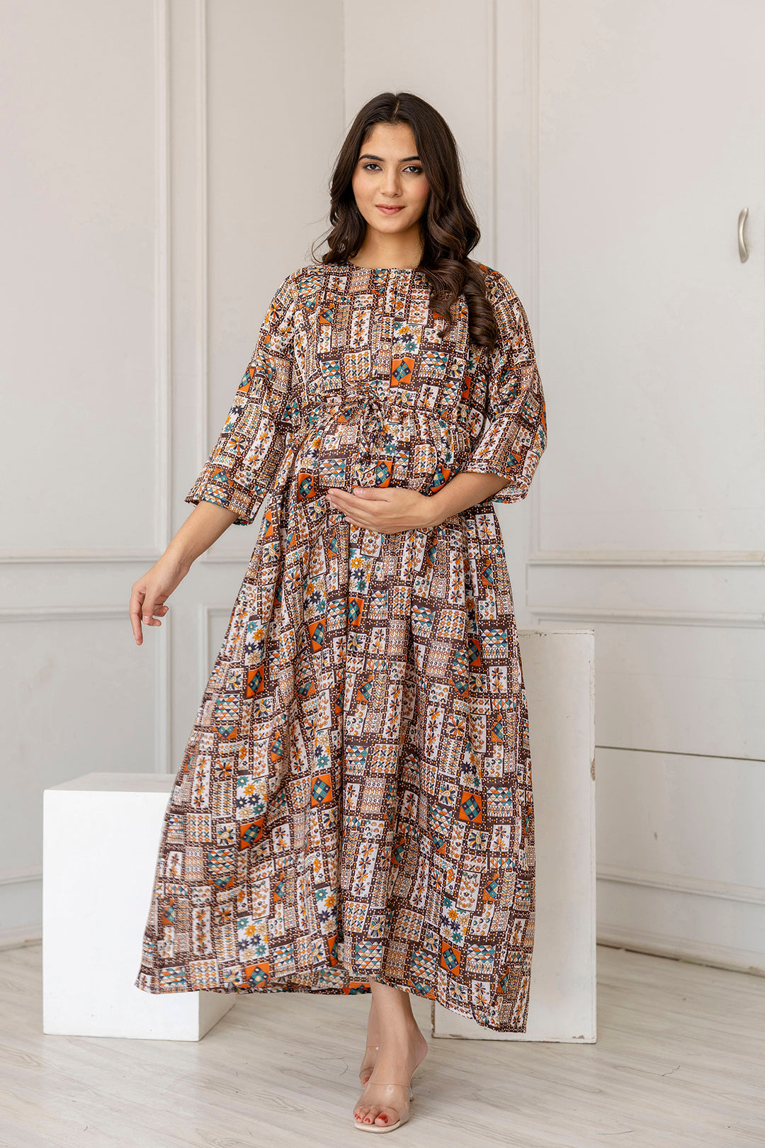 Women's Multi Printed Flared Maternity Dress - Taantav