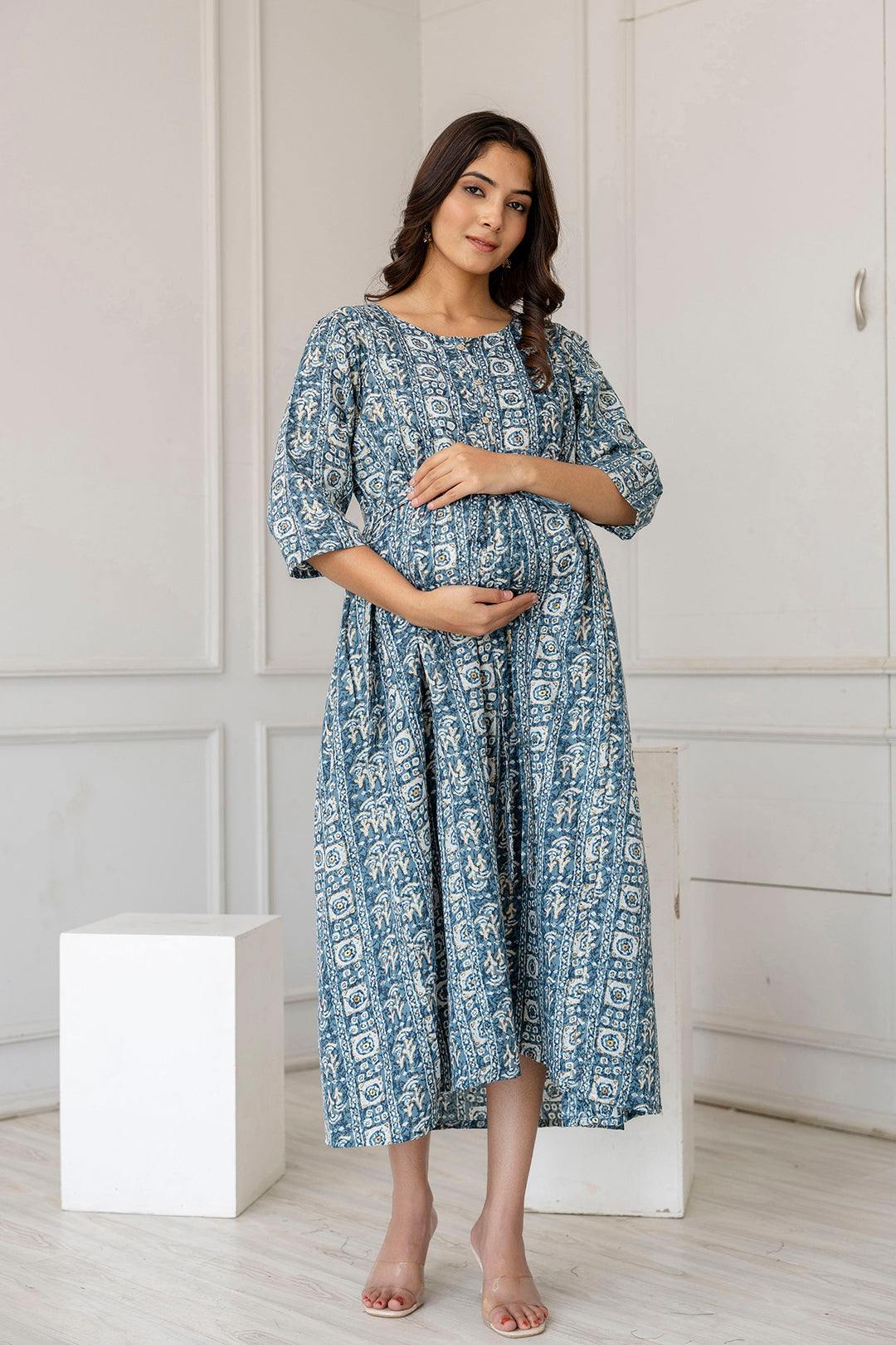 Women's Teal Blue Printed Flared Maternity Dress - Taantav