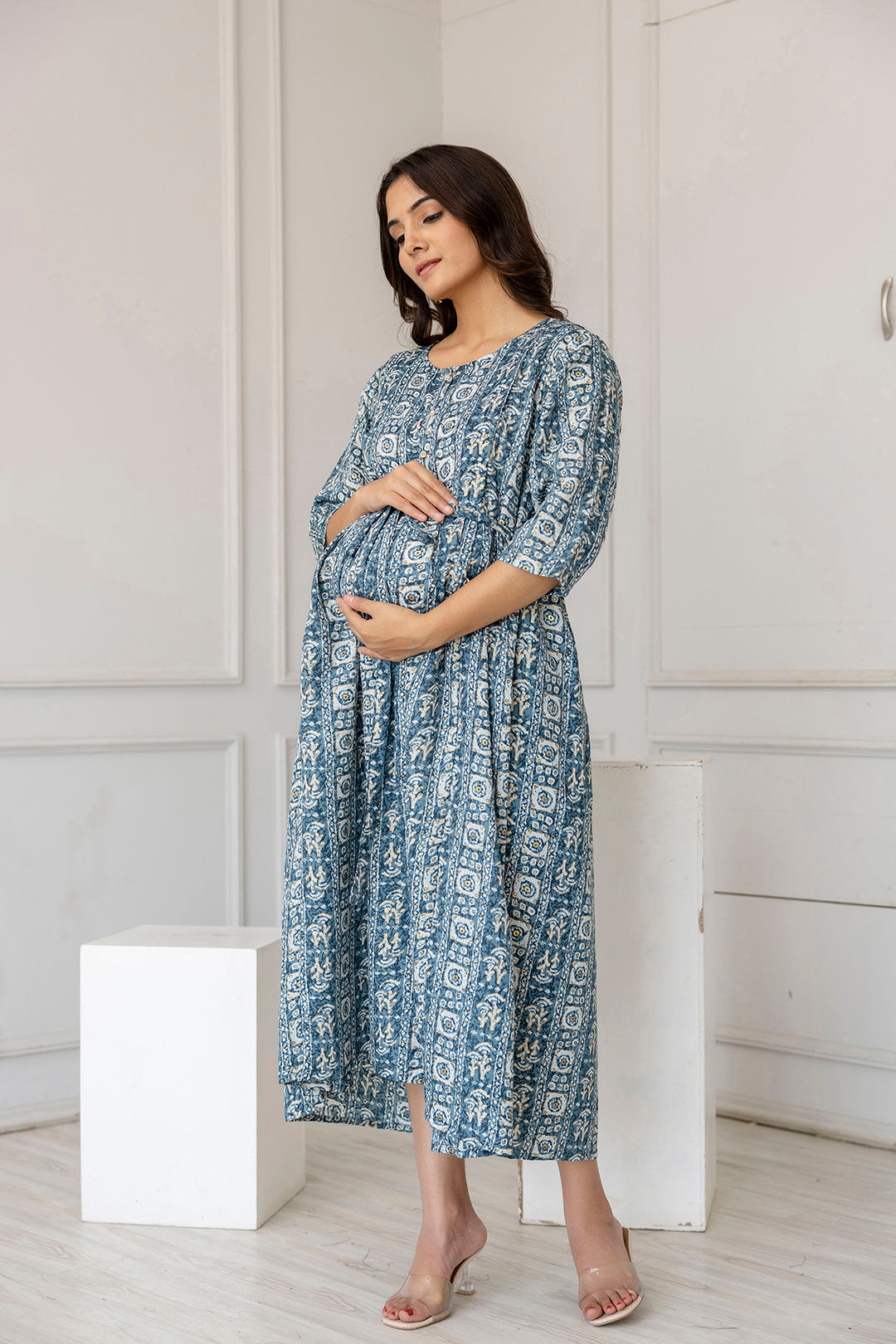 Women's Teal Blue Printed Flared Maternity Dress - Taantav