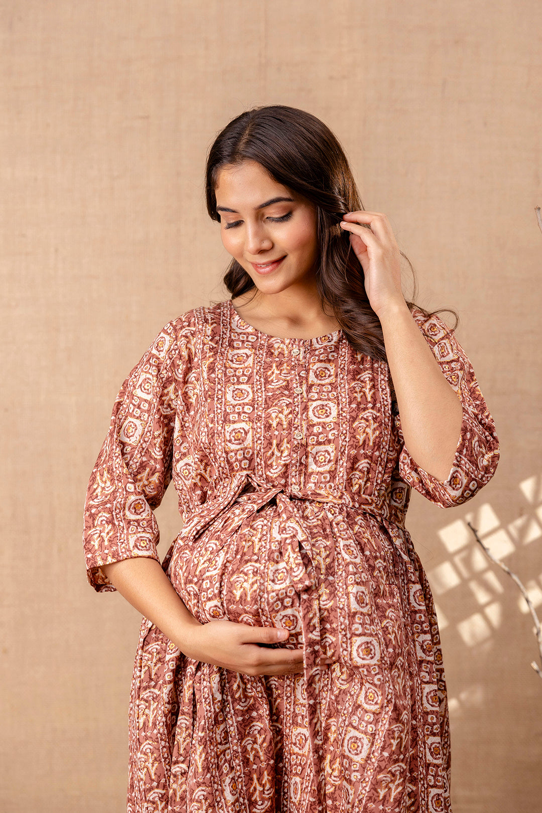 Women's Brown Printed Flared Maternity Dress - Taantav