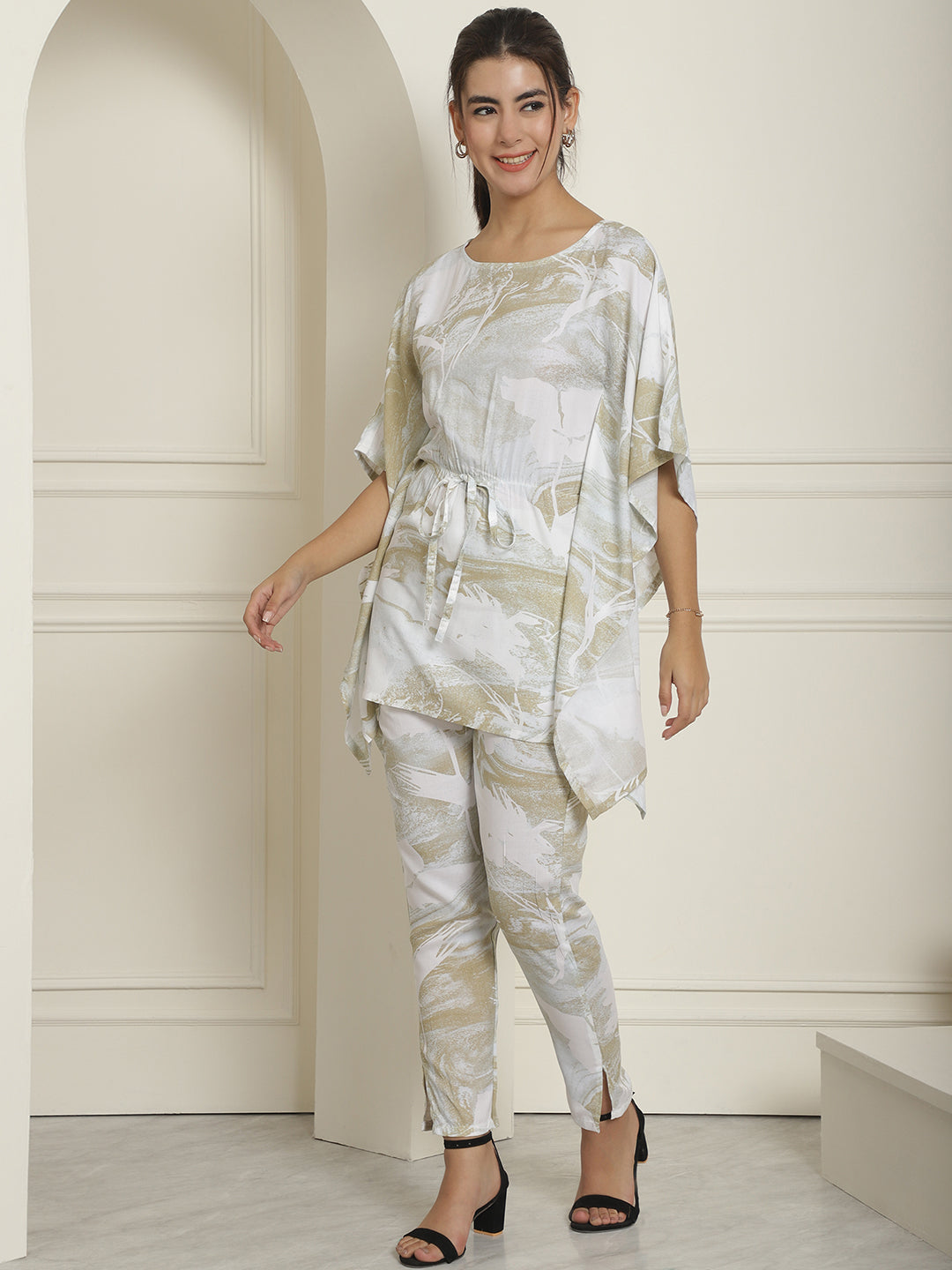 Women's Beige Tie Dye Printed Rayon Kaftan Tunic With Trousers - Taantav