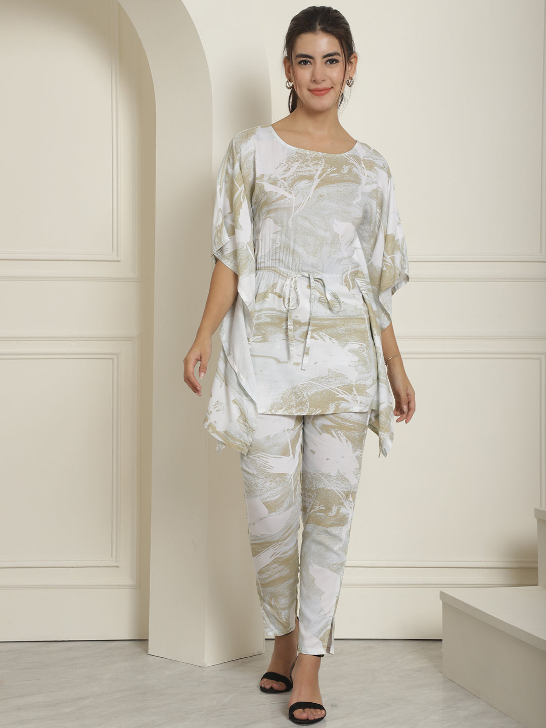 Women's Beige Tie Dye Printed Rayon Kaftan Tunic With Trousers - Taantav