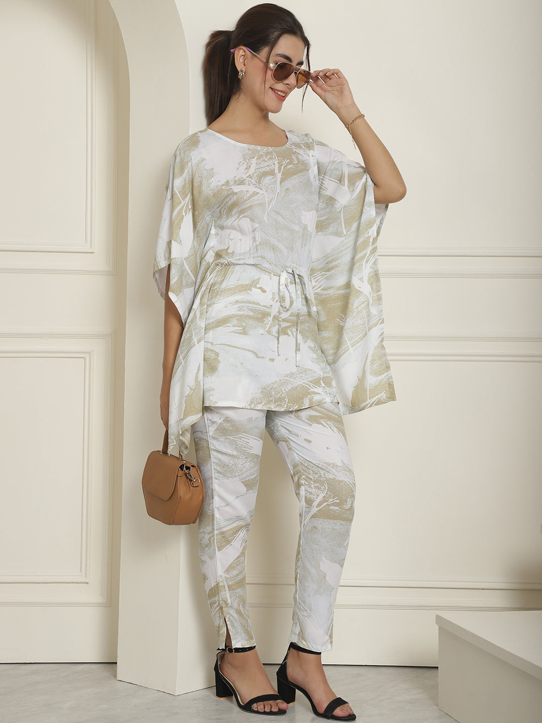 Women's Beige Tie Dye Printed Rayon Kaftan Tunic With Trousers - Taantav