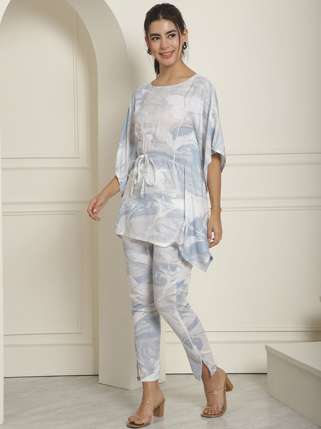 Women's Light-Blue Tie Dye Printed Rayon Kaftan Tunic With Trousers - Taantav