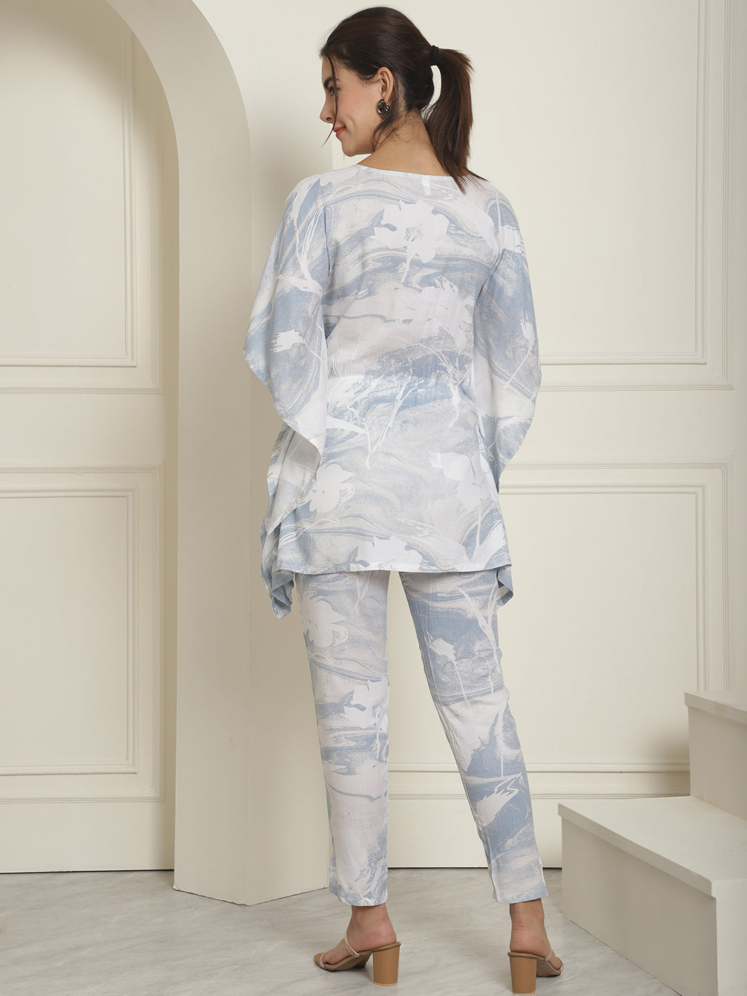 Women's Light-Blue Tie Dye Printed Rayon Kaftan Tunic With Trousers - Taantav