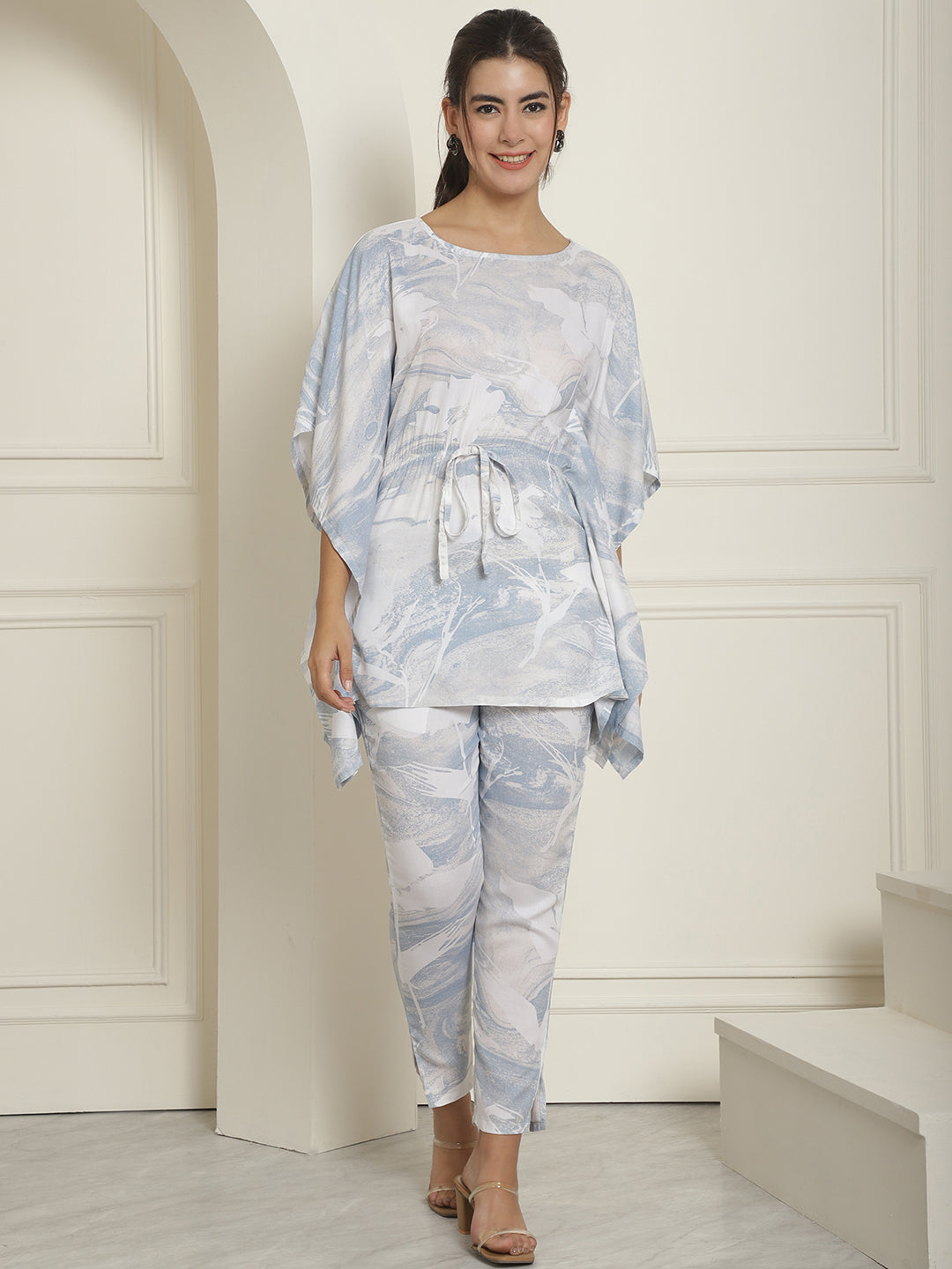 Women's Light-Blue Tie Dye Printed Rayon Kaftan Tunic With Trousers - Taantav