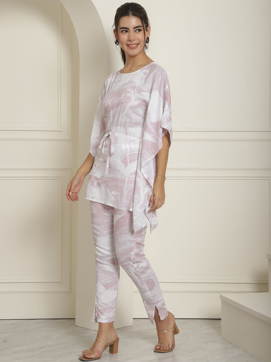 Women's Light-Purple Tie Dye Printed Rayon Kaftan Tunic With Trousers - Taantav