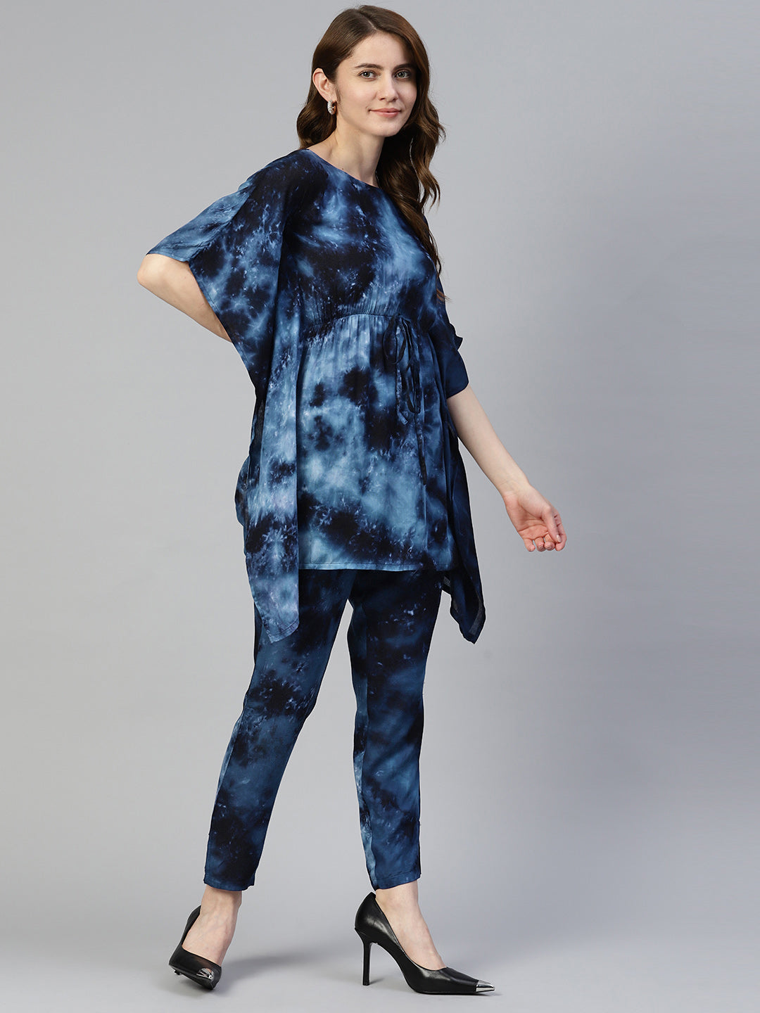 Women's Navy Blue Tie Dye Printed Rayon Kaftan Tunic With Trousers - Taantav