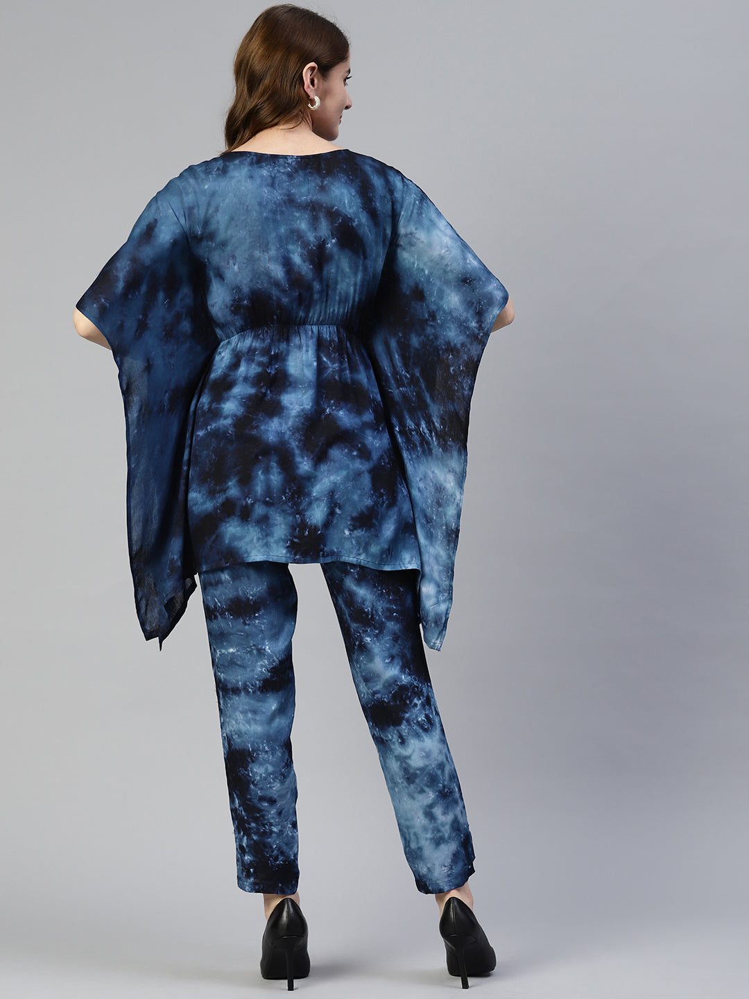 Women's Navy Blue Tie Dye Printed Rayon Kaftan Tunic With Trousers - Taantav