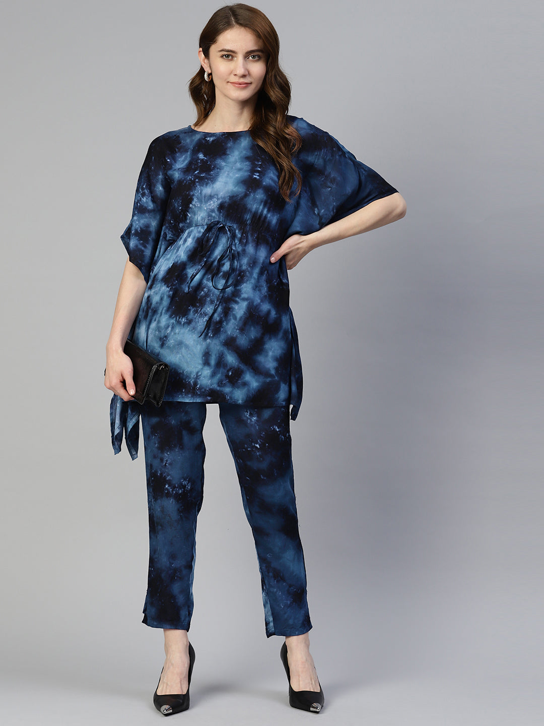 Women's Navy Blue Tie Dye Printed Rayon Kaftan Tunic With Trousers - Taantav