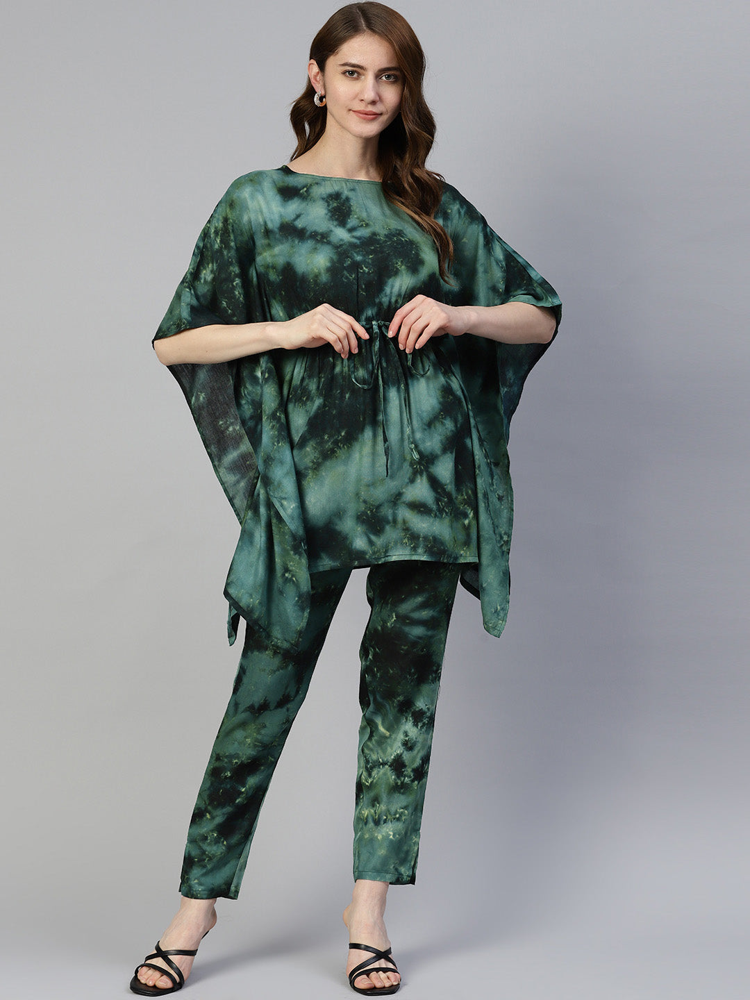 Women's Olive Green Tie Dye Printed Rayon Kaftan Tunic With Trousers - Taantav