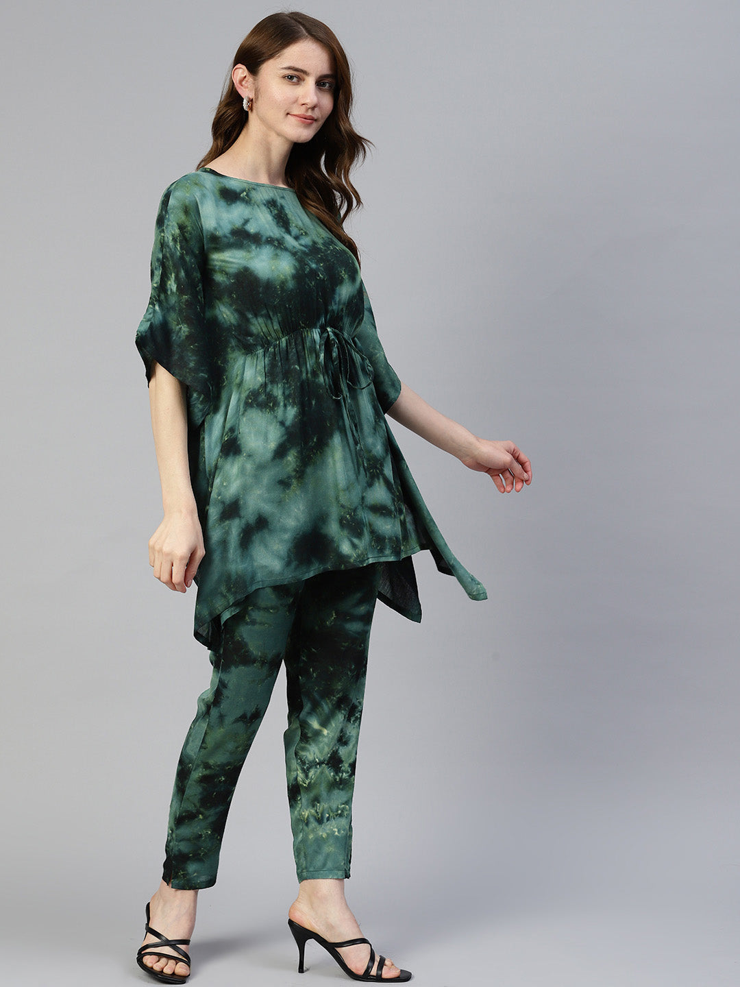 Women's Olive Green Tie Dye Printed Rayon Kaftan Tunic With Trousers - Taantav