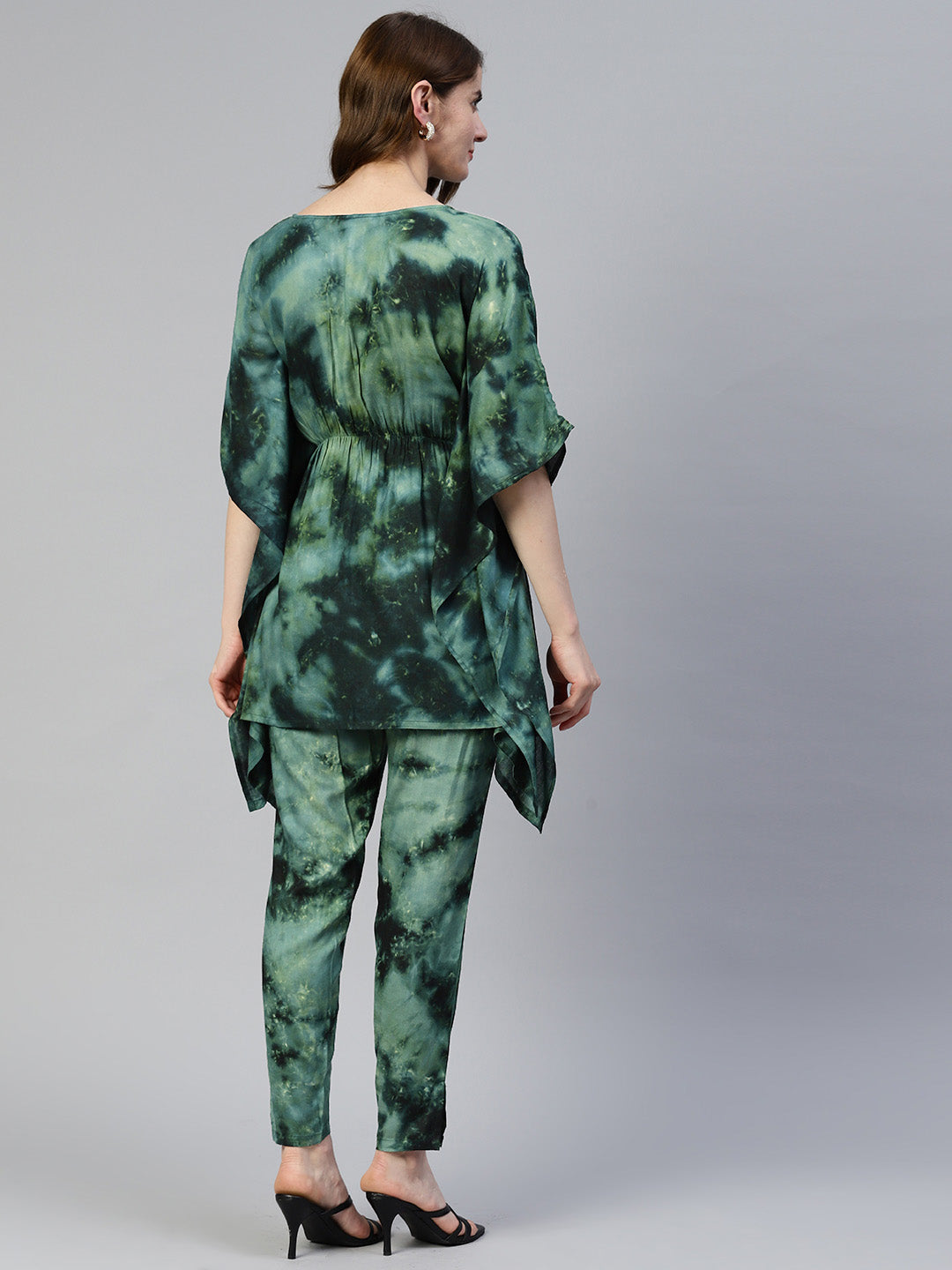 Women's Olive Green Tie Dye Printed Rayon Kaftan Tunic With Trousers - Taantav