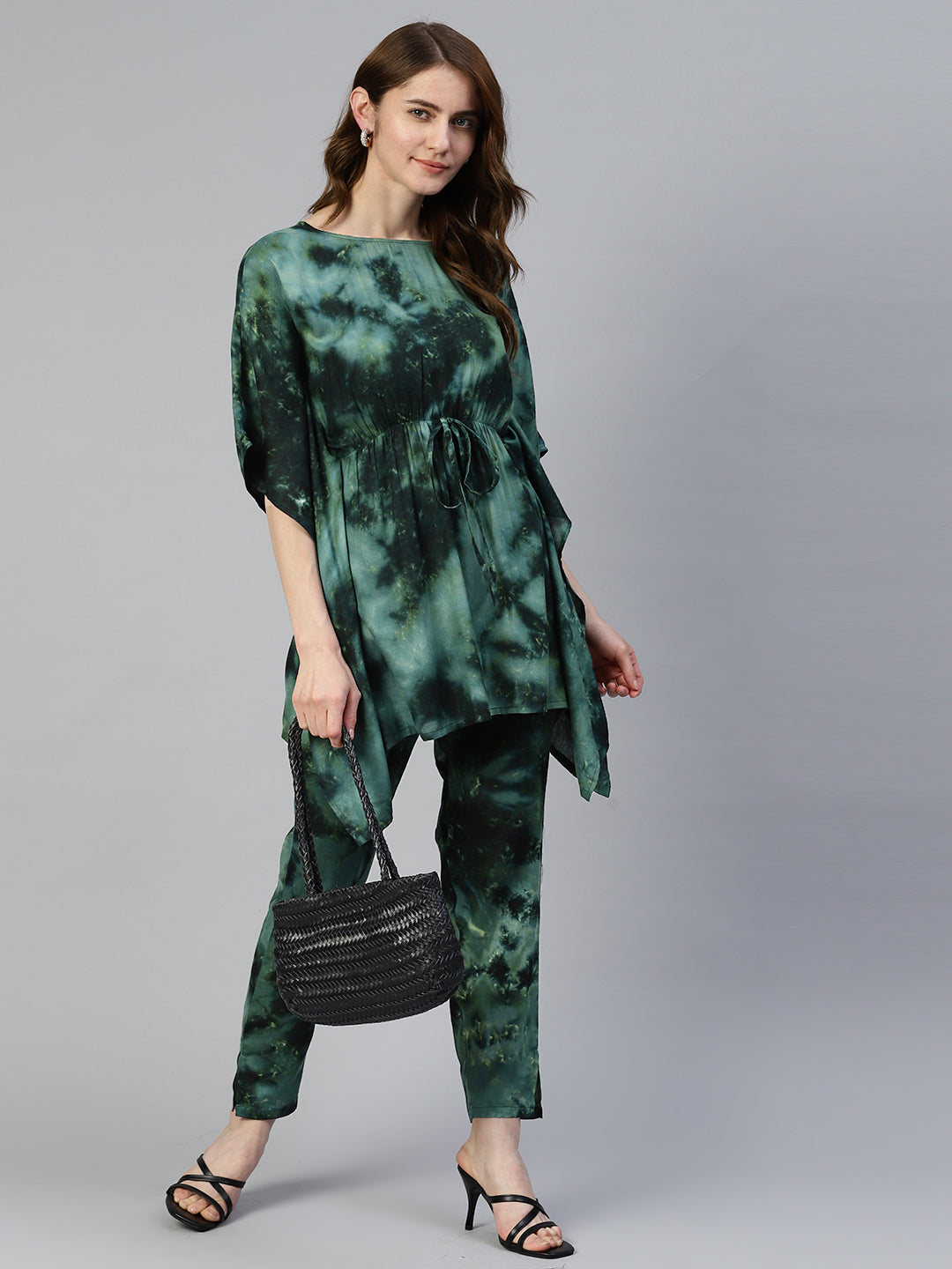 Women's Olive Green Tie Dye Printed Rayon Kaftan Tunic With Trousers - Taantav