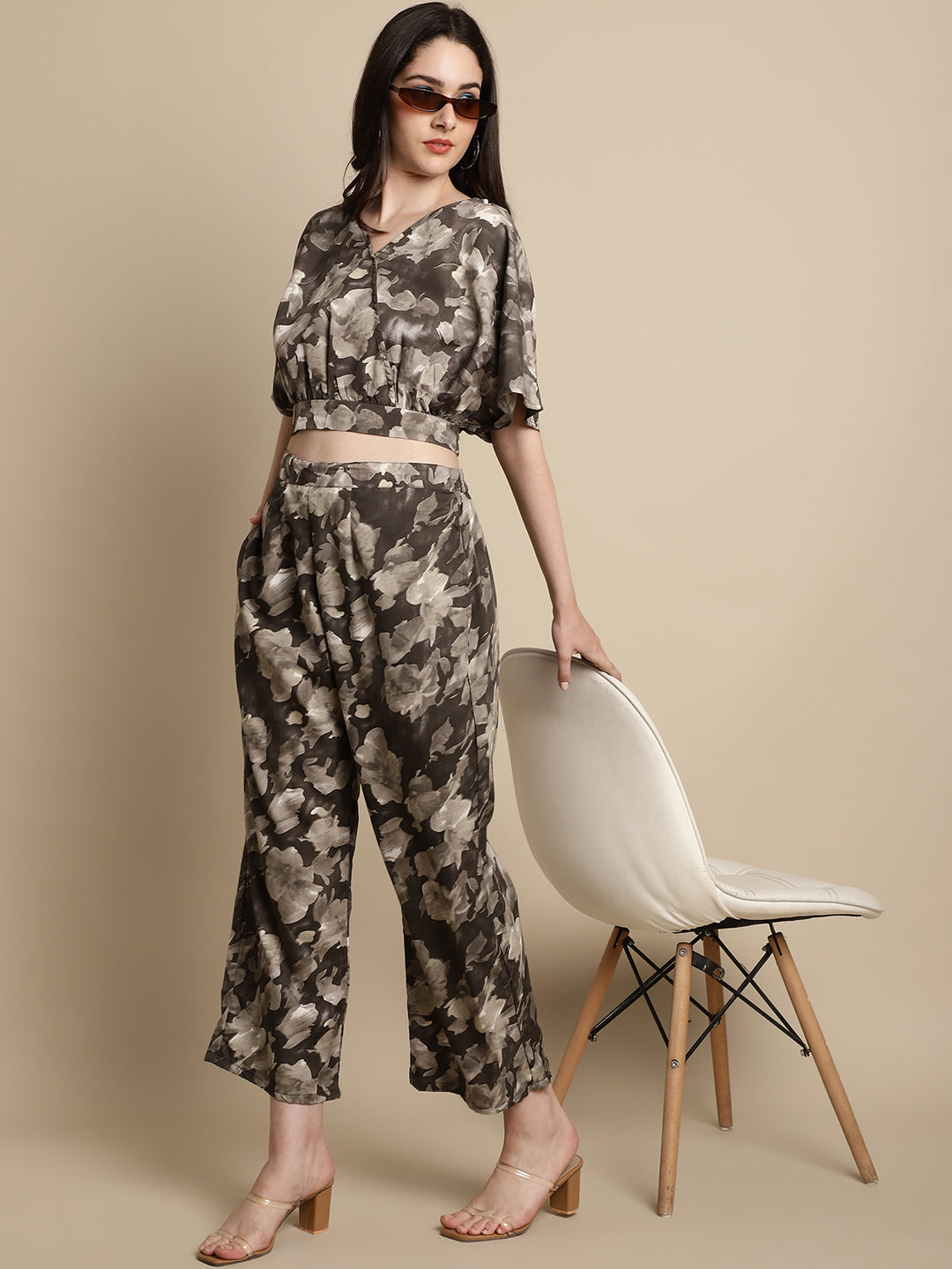 Women's Brown Printed Crop Top With Palazzos - Taantav