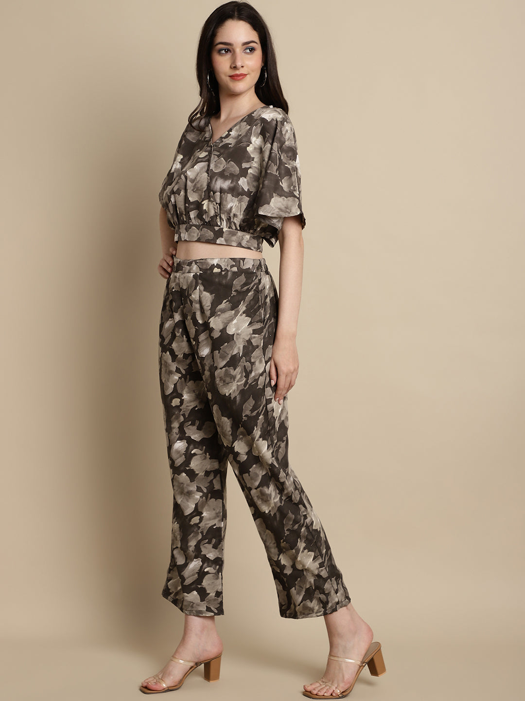 Women's Brown Printed Crop Top With Palazzos - Taantav