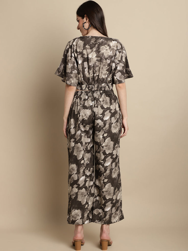 Women's Brown Printed Crop Top With Palazzos