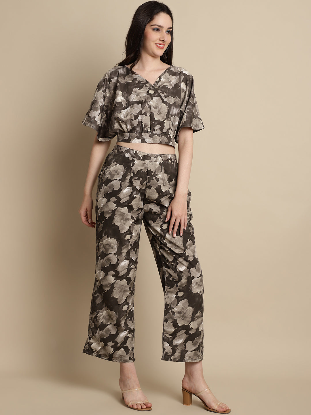 Women's Brown Printed Crop Top With Palazzos - Taantav