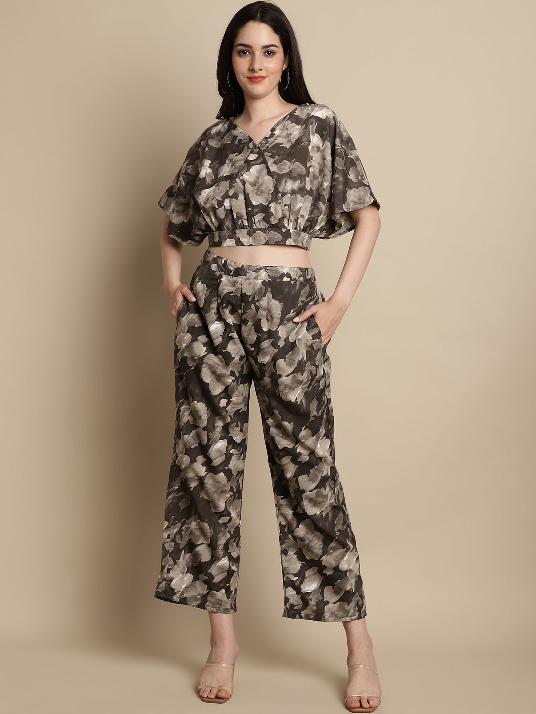 Women's Brown Printed Crop Top With Palazzos - Taantav