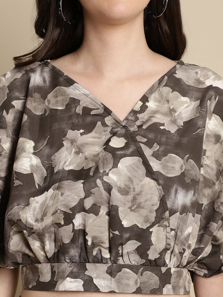 Women's Brown Printed Crop Top With Palazzos