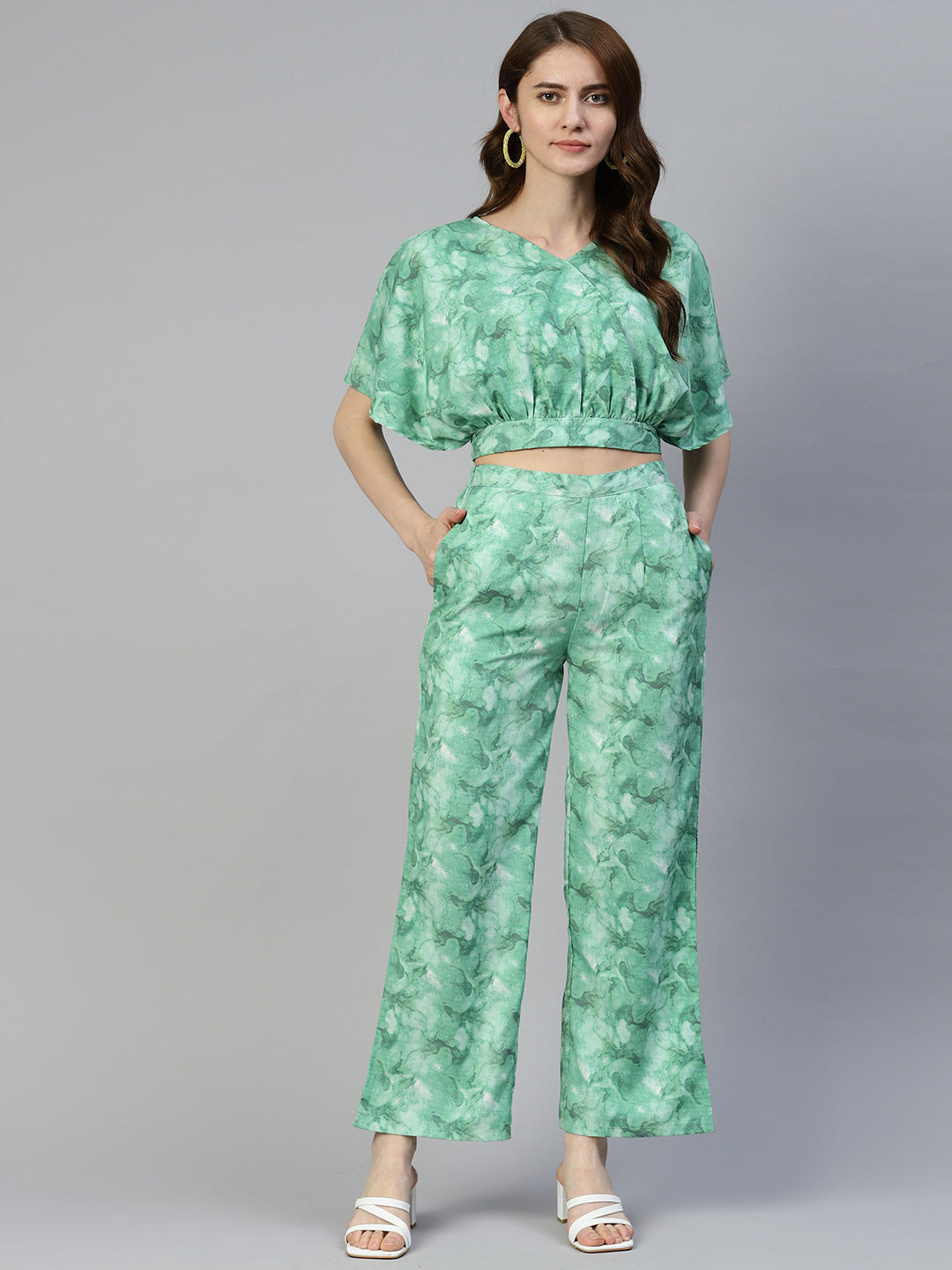 Women's Green Printed Crop Top With Palazzos - Taantav