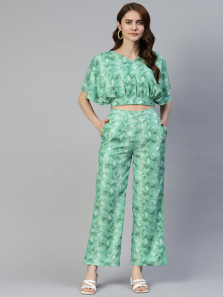 Women's Green Printed Crop Top With Palazzos