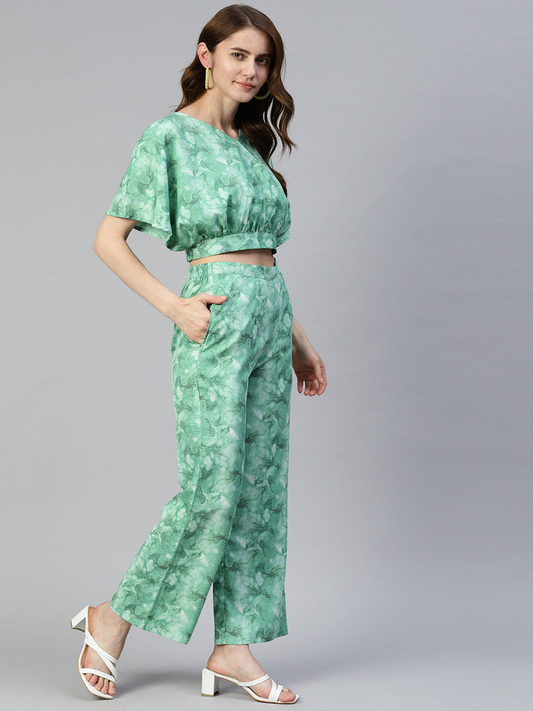 Women's Green Printed Crop Top With Palazzos