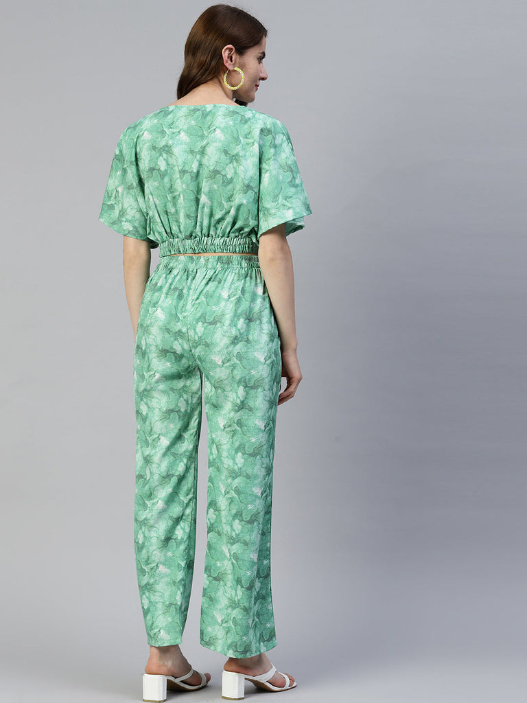 Women's Green Printed Crop Top With Palazzos