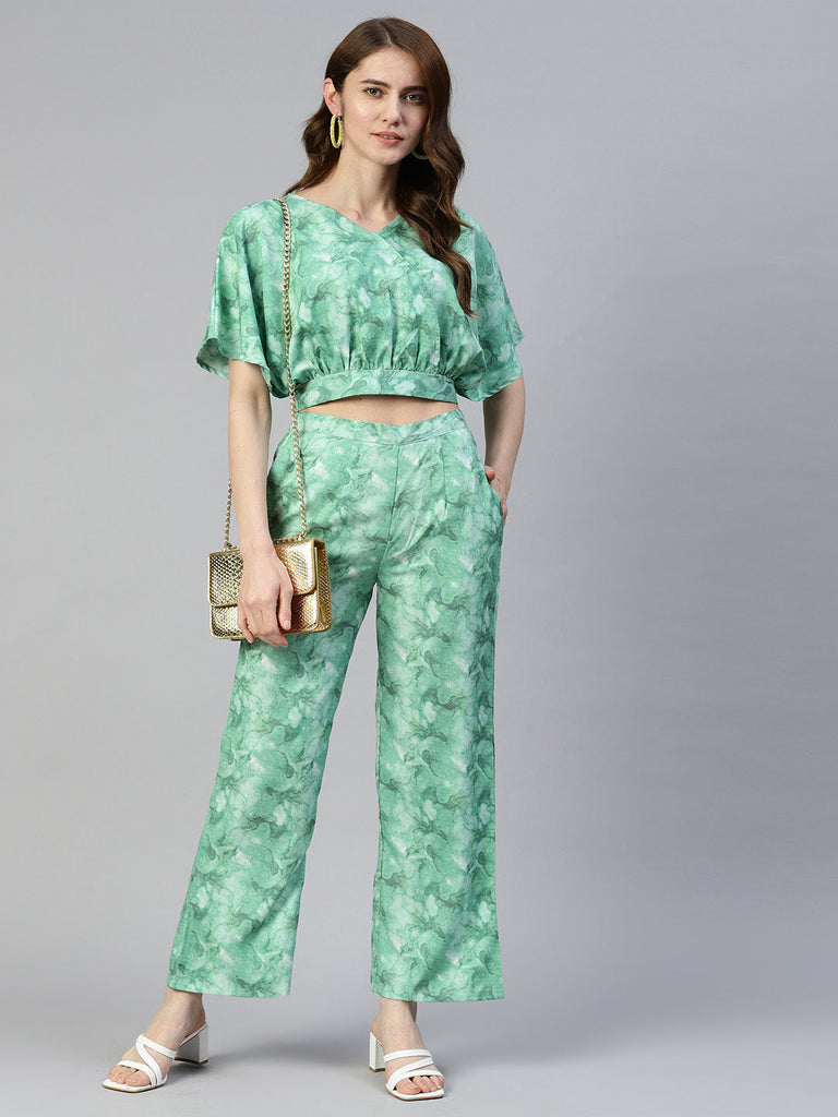 Women's Green Printed Crop Top With Palazzos