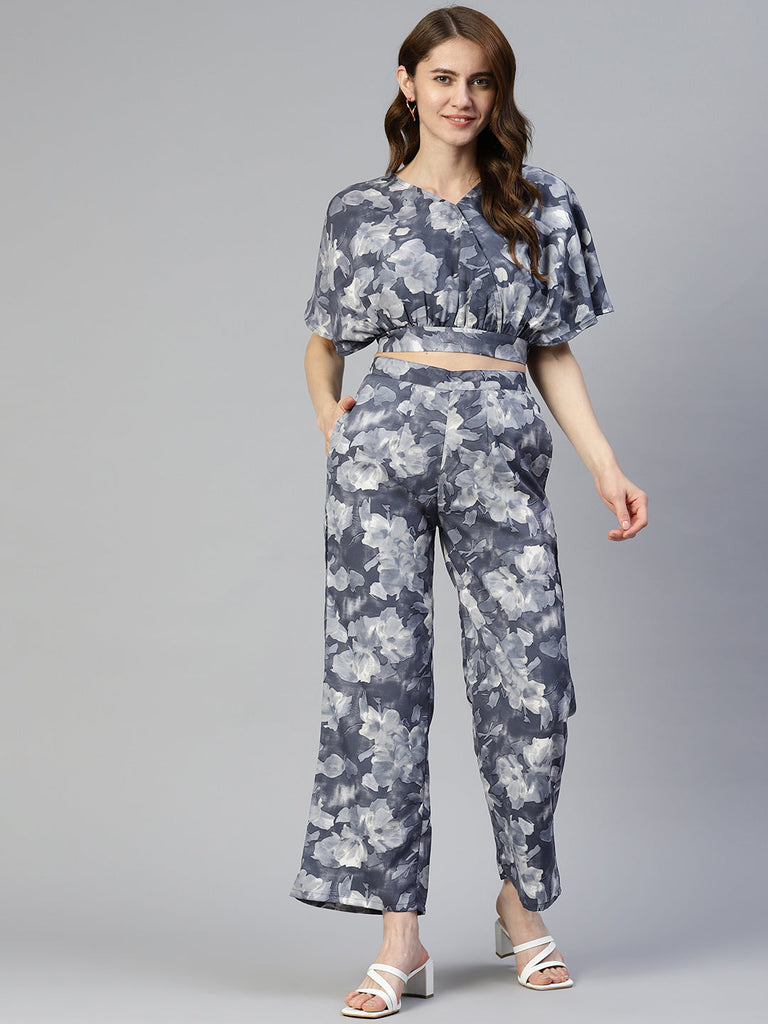 Women's Grey Printed Crop Top With Palazzos