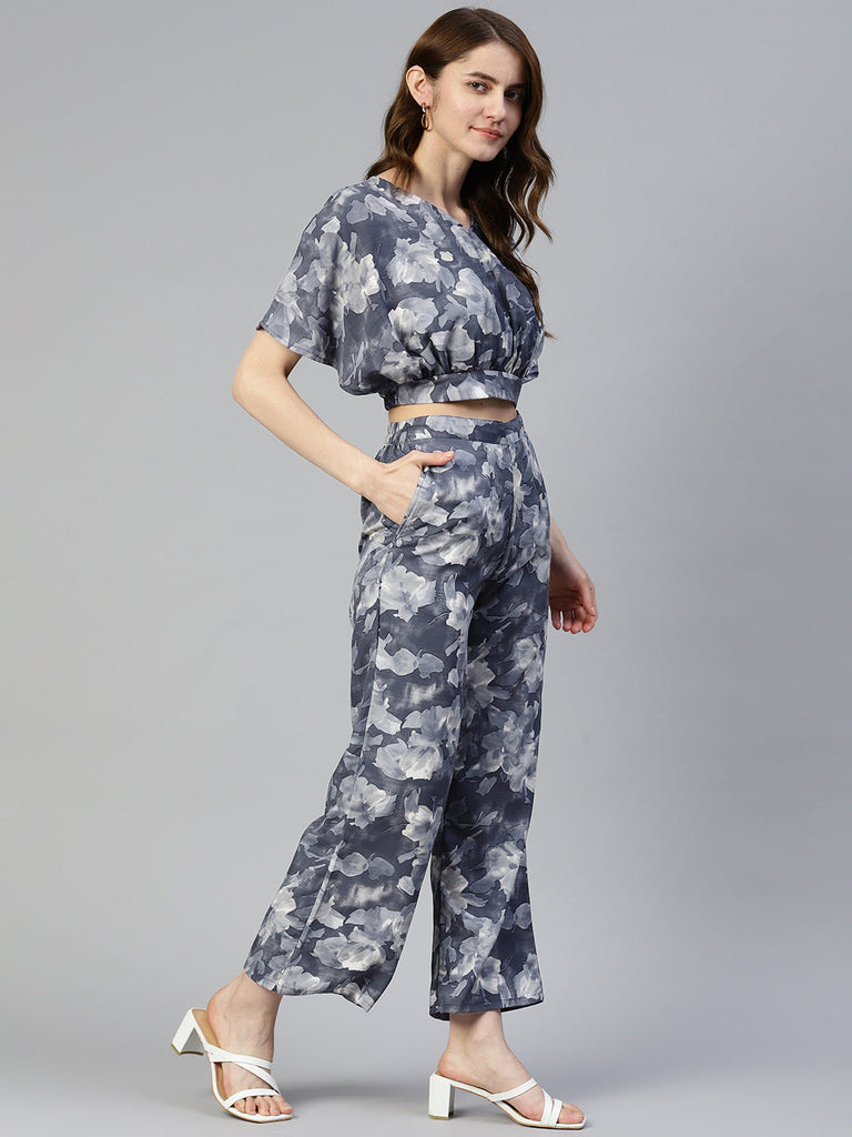 Women's Grey Printed Crop Top With Palazzos