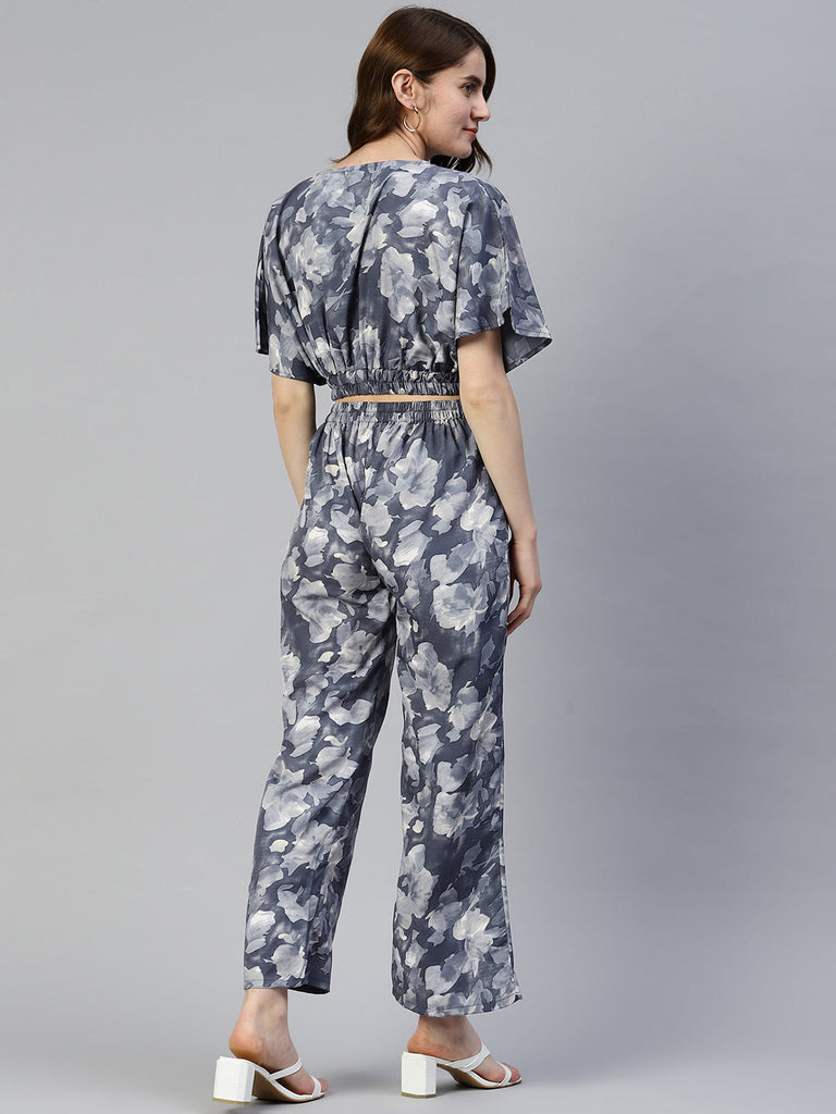 Women's Grey Printed Crop Top With Palazzos