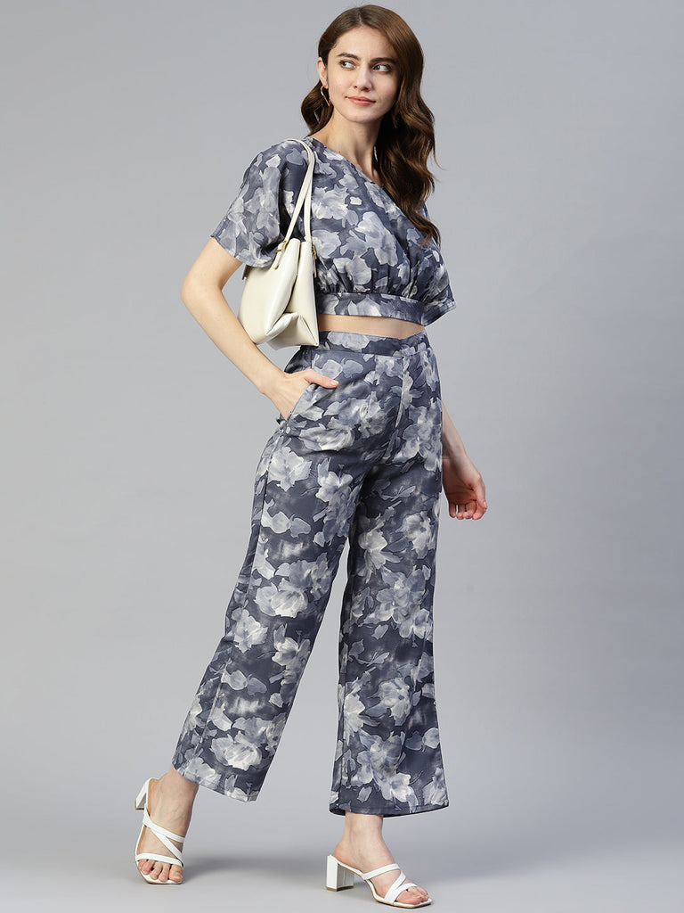 Women's Grey Printed Crop Top With Palazzos