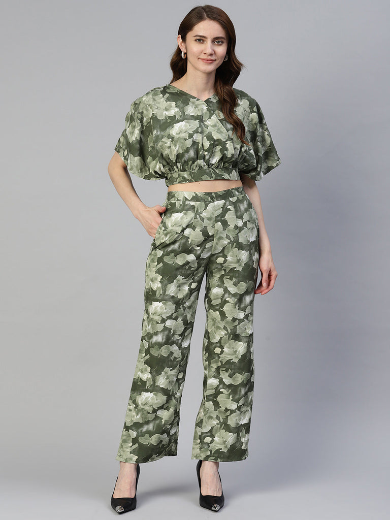Women's Olive Green Printed Crop Top With Palazzos