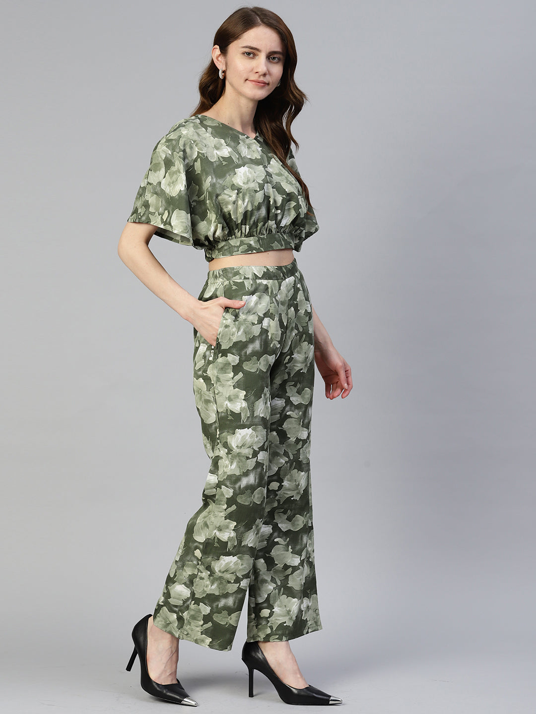 Women's Olive Green Printed Crop Top With Palazzos - Taantav