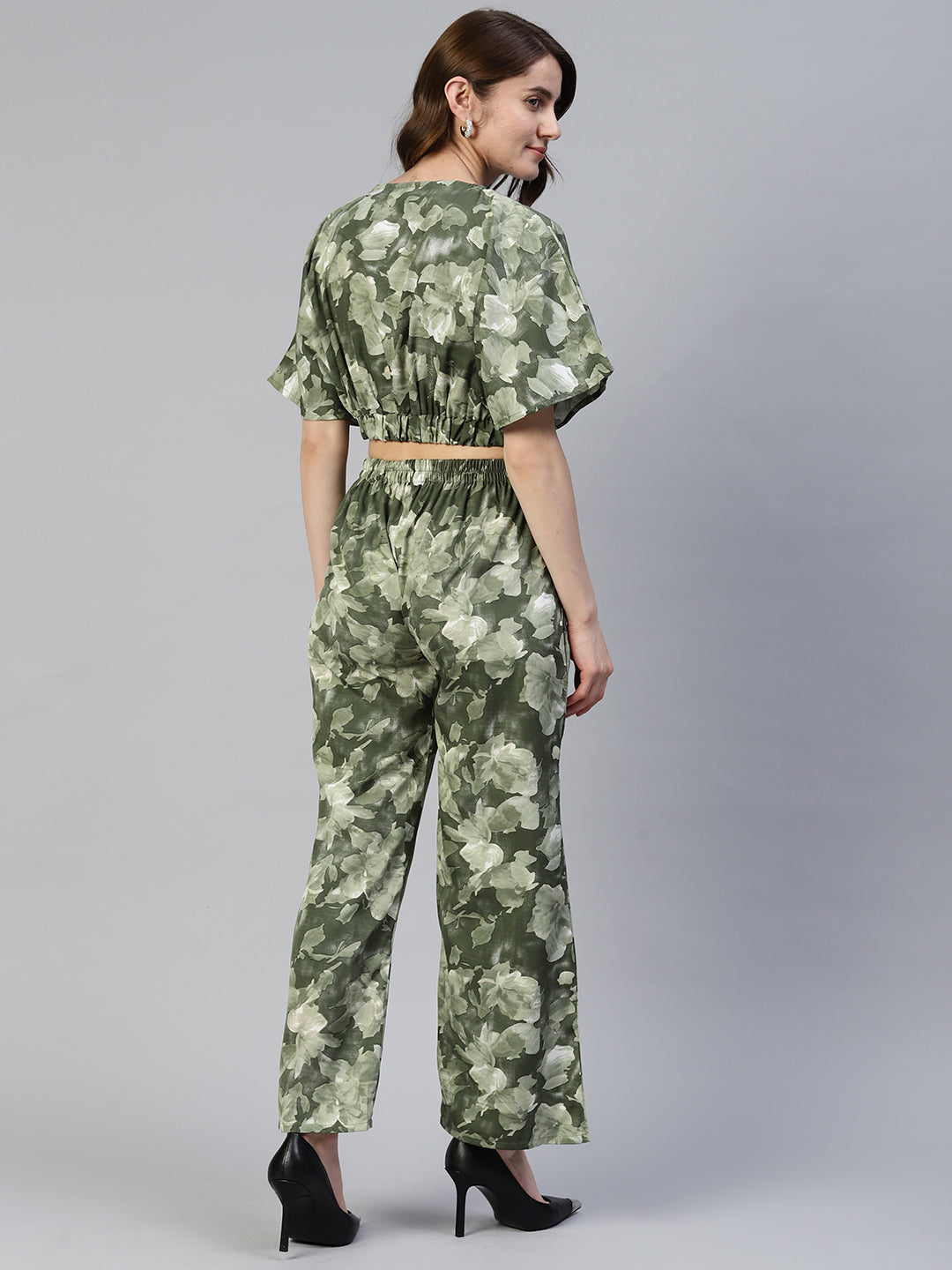 Women's Olive Green Printed Crop Top With Palazzos - Taantav