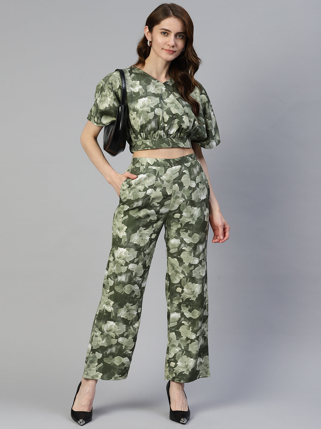 Women's Olive Green Printed Crop Top With Palazzos - Taantav